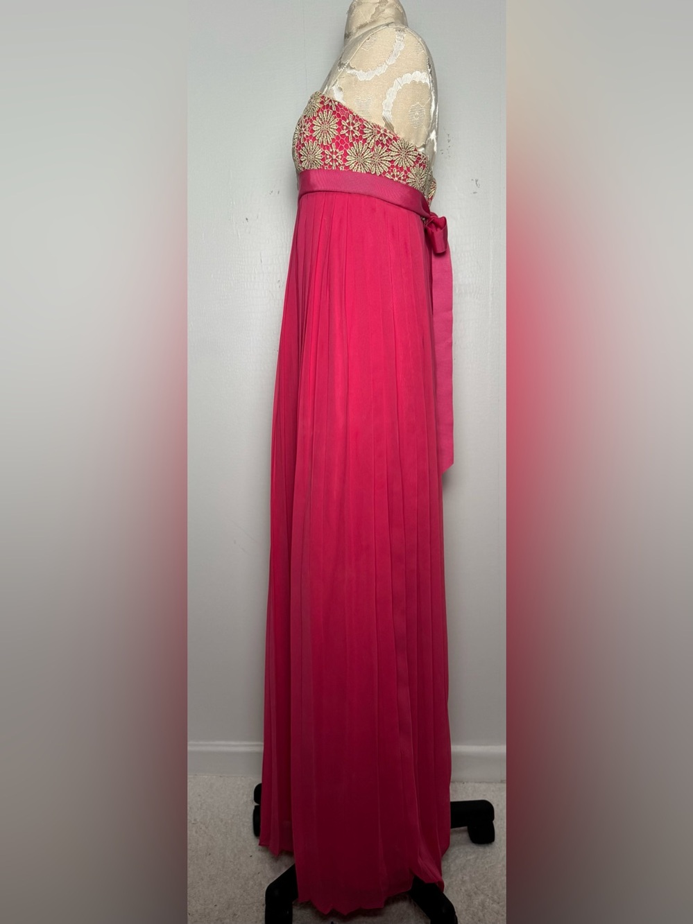 Lilly Pulitzer Pink Pleated Strapless Gold Lace Formal Gown Sz S - Picture 7 of 16